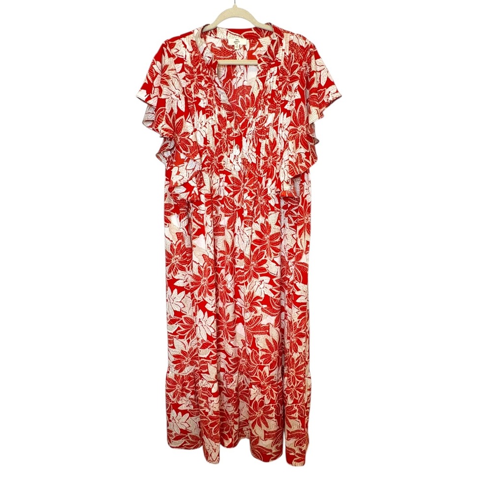 Entro Women's Maxi Dress‎ Red White Floral Print V Neck Flutter Sleeves Size 1X